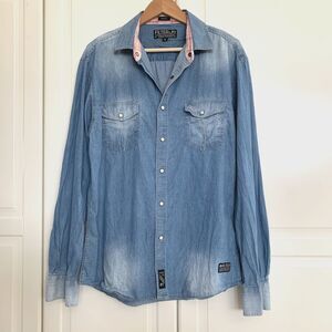 Filter 03 Denim Western Shirt Cowgirl Rodeo Plaid Cuff Pearl Snap Blue Size XL